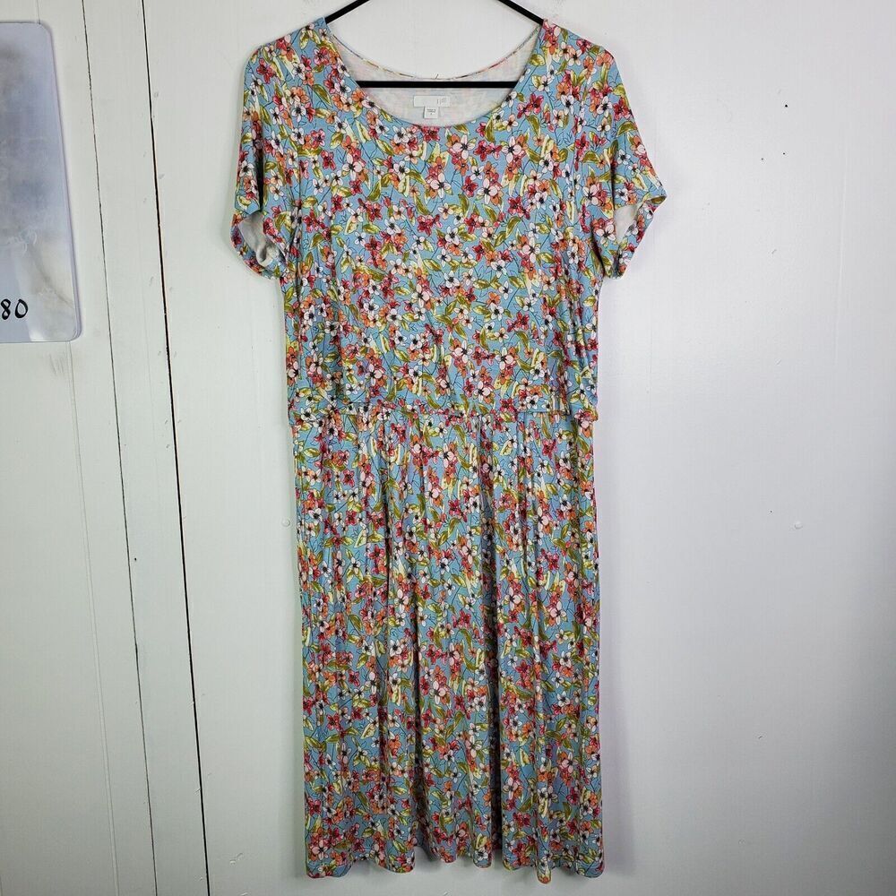 J Jill Midi Dress Womens S Floral All Over Print Draped Waist Short Sleeve
